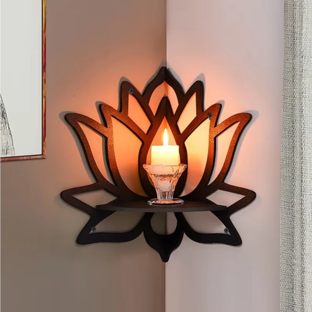 Black Lotus Flower Wall Candle Holder Metal Corner